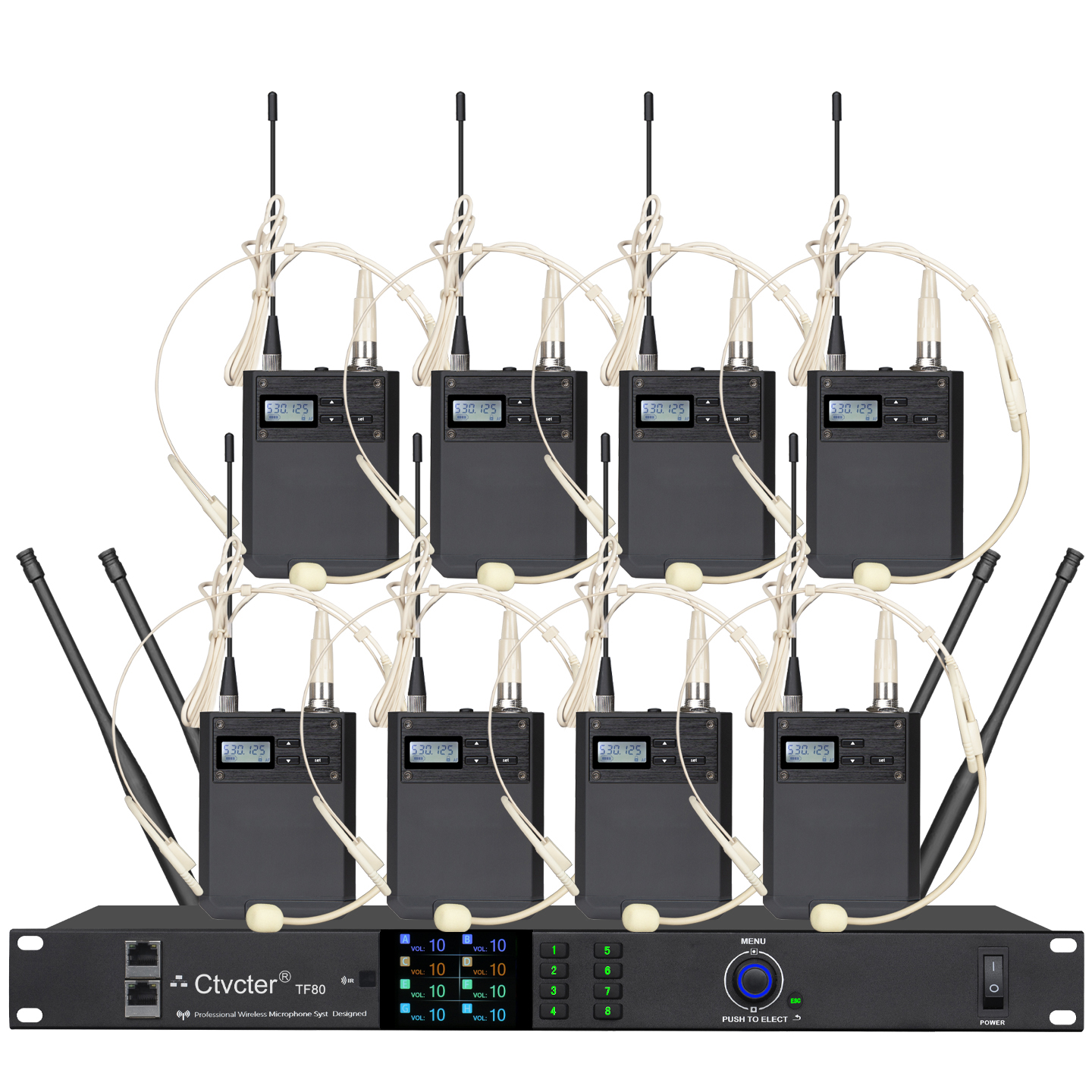 TF80一拖八无线腰包肤色头戴话筒